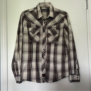 Panhandle Slim Grey Plaid Long Sleeve Roll Tab Clasp Closure Western Top